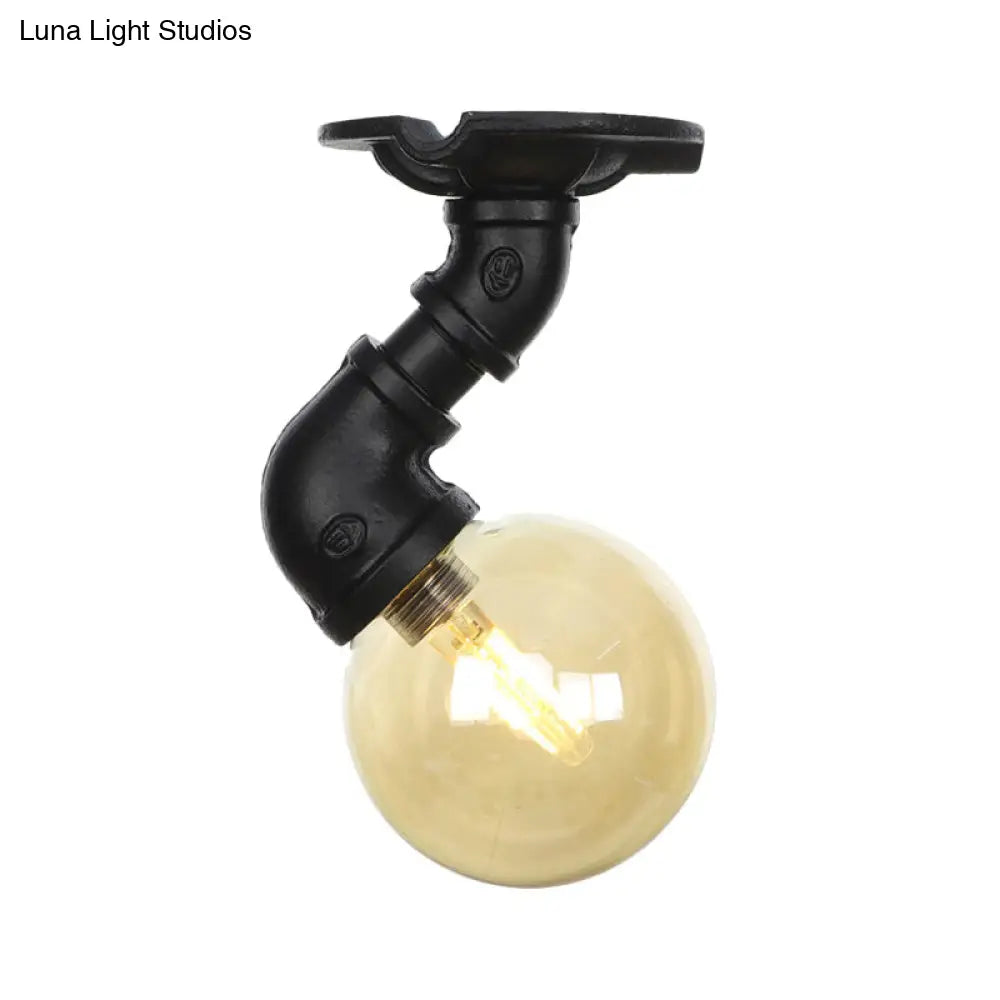 Vintage Black 1-Light Ball Semi Flush Mount Ceiling Lamp With Amber Glass Finish