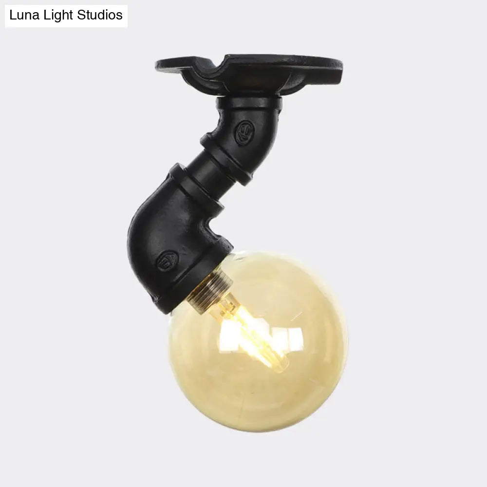 Vintage Black 1-Light Ball Semi Flush Mount Ceiling Lamp With Amber Glass Finish