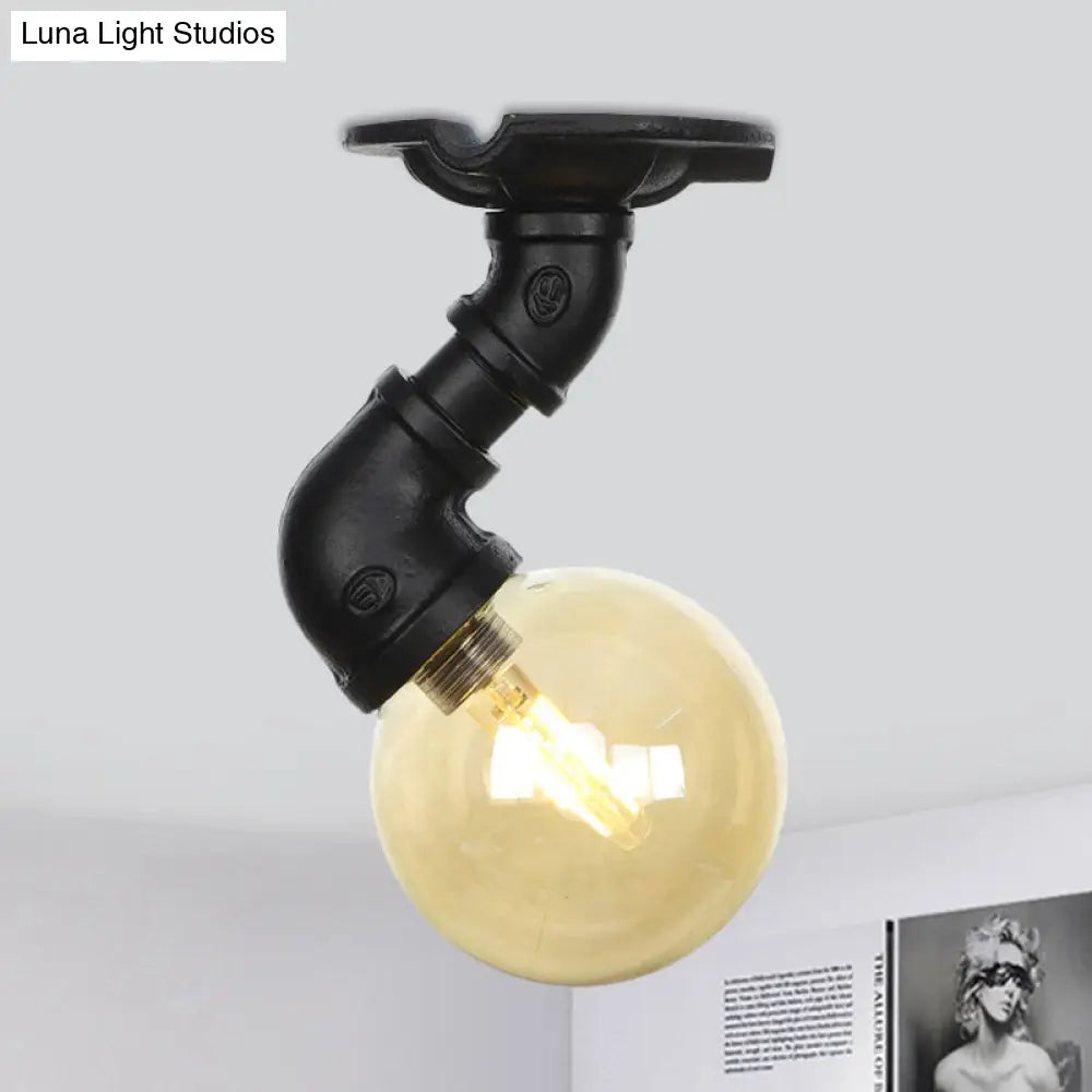 Vintage Black 1-Light Ball Semi Flush Mount Ceiling Lamp With Amber Glass Finish / D
