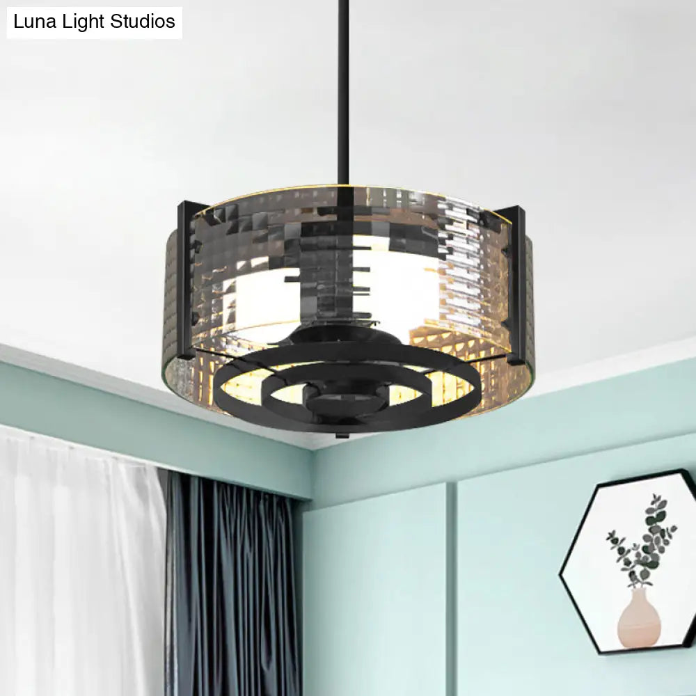 Vintage Black 3-Head Semi Flush Mount Ceiling Lamp With Clear Glass Drum And Trellis/Stripe Design