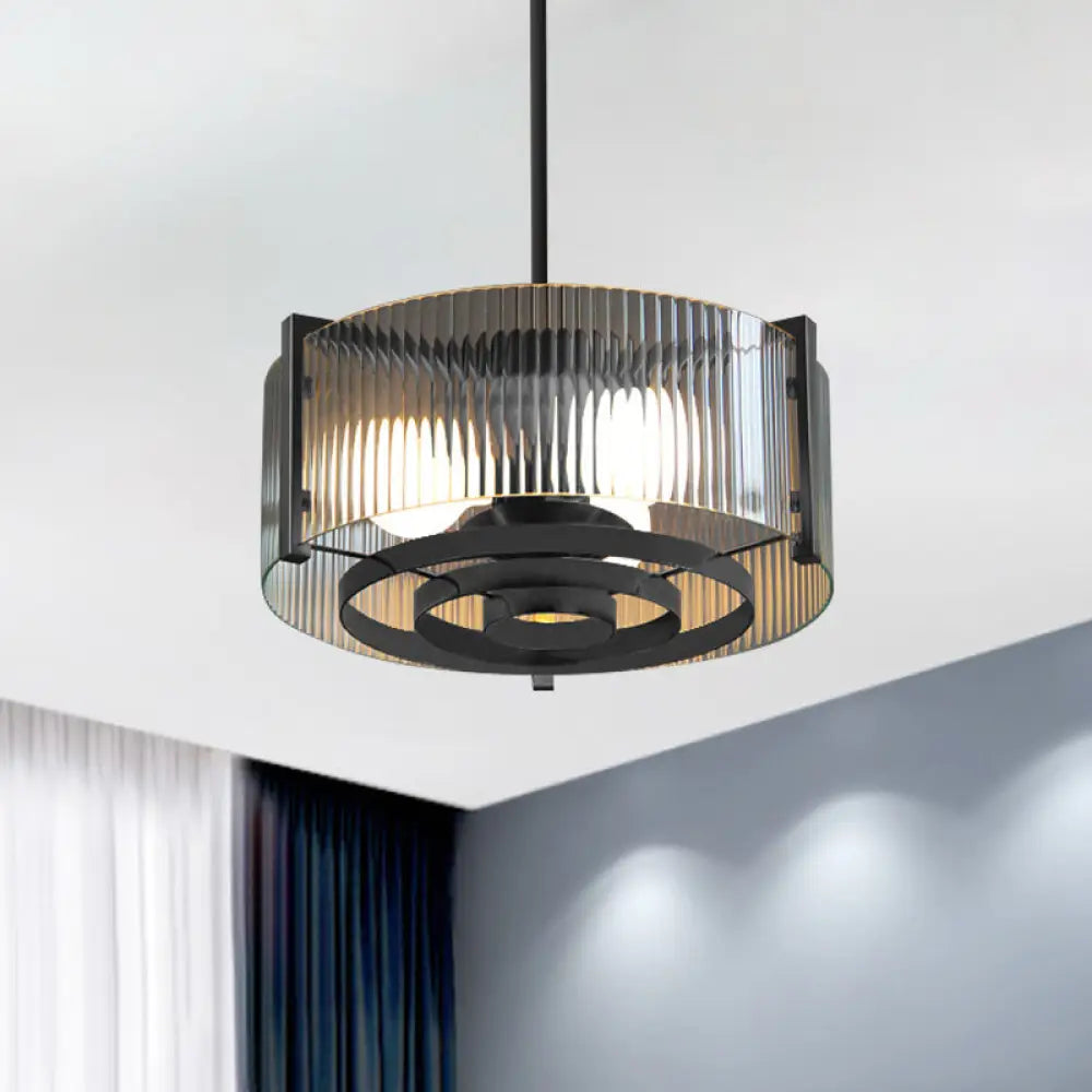 Vintage Black 3-Head Semi Flush Mount Ceiling Lamp With Clear Glass Drum And Trellis/Stripe Design