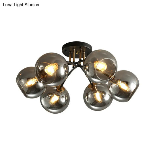 6-Head Vintage Black Semi Flush Mount Ceiling Lighting With Orb Smoke/Clear Glass Shade At 6 Heads