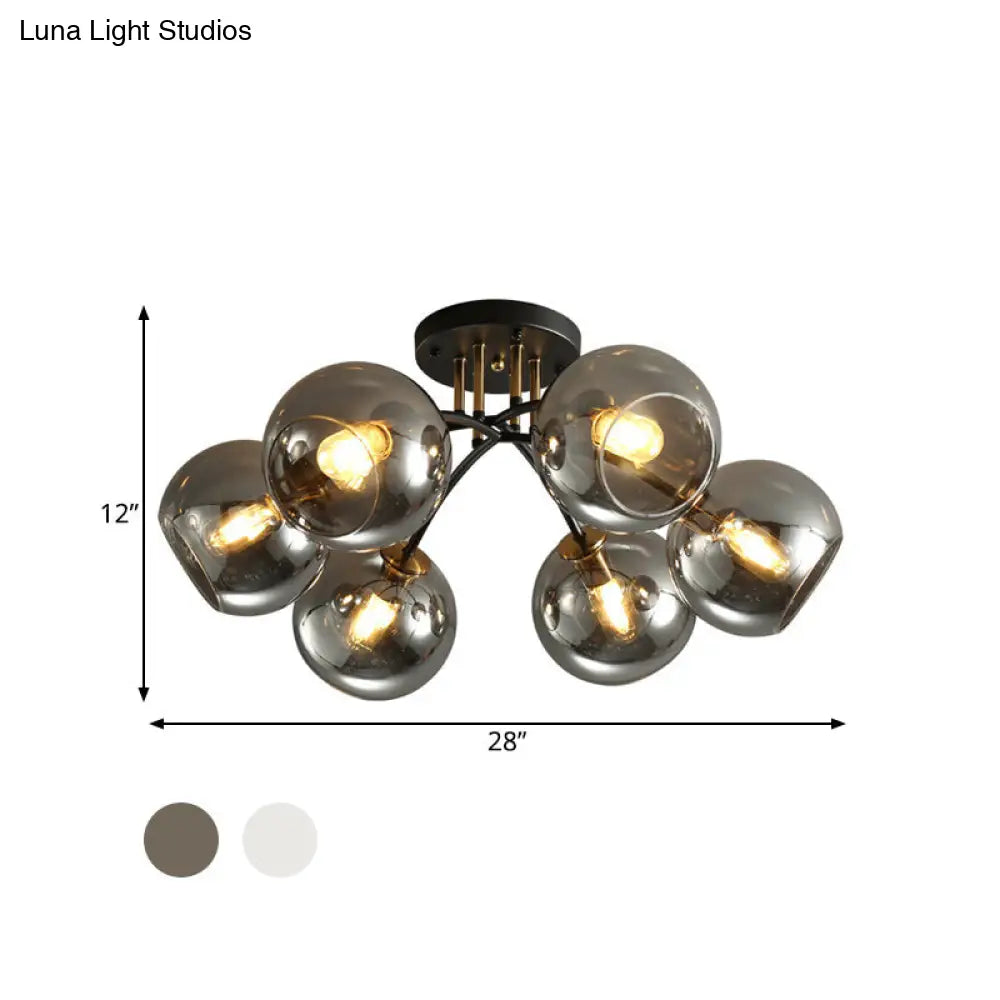 6-Head Vintage Black Semi Flush Mount Ceiling Lighting With Orb Smoke/Clear Glass Shade At 6 Heads