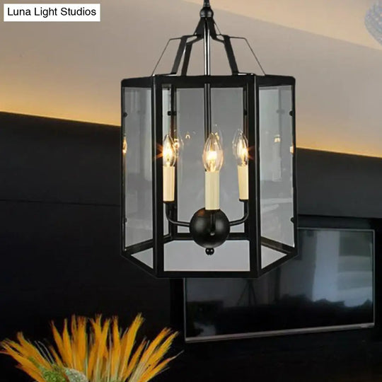 Vintage Black And White Hanging Chandelier - 3-Light Clear Glass Candle Pendant Fixture