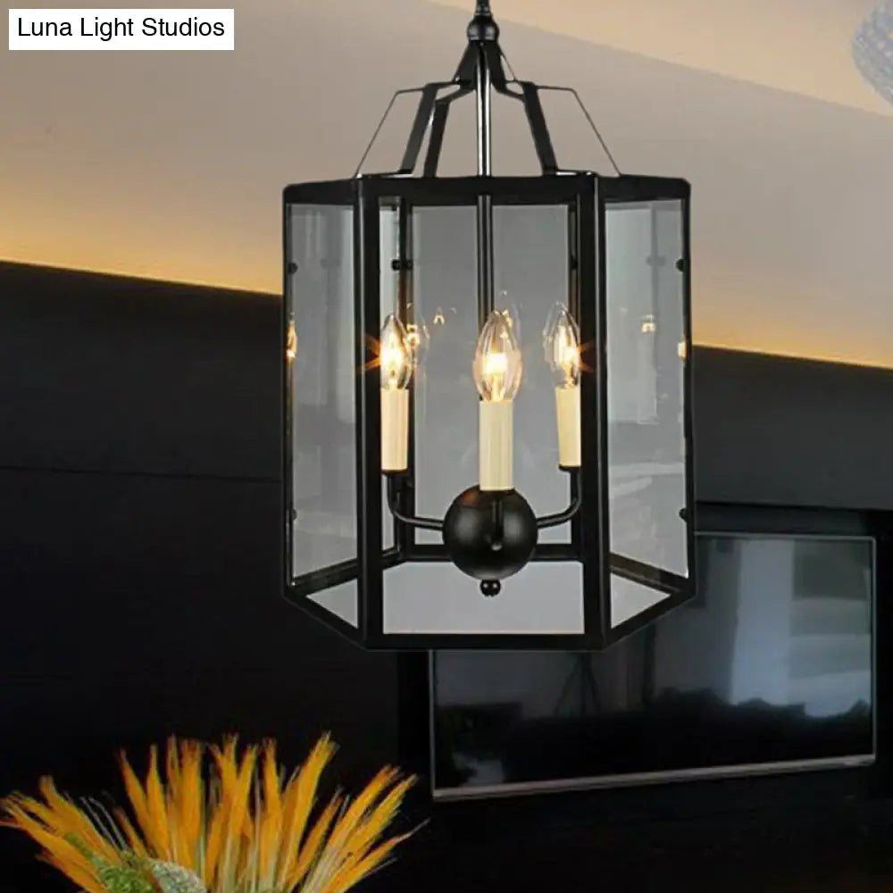 Vintage Black/White Candle Chandelier With 3-Light Clear Glass Pendant Fixture