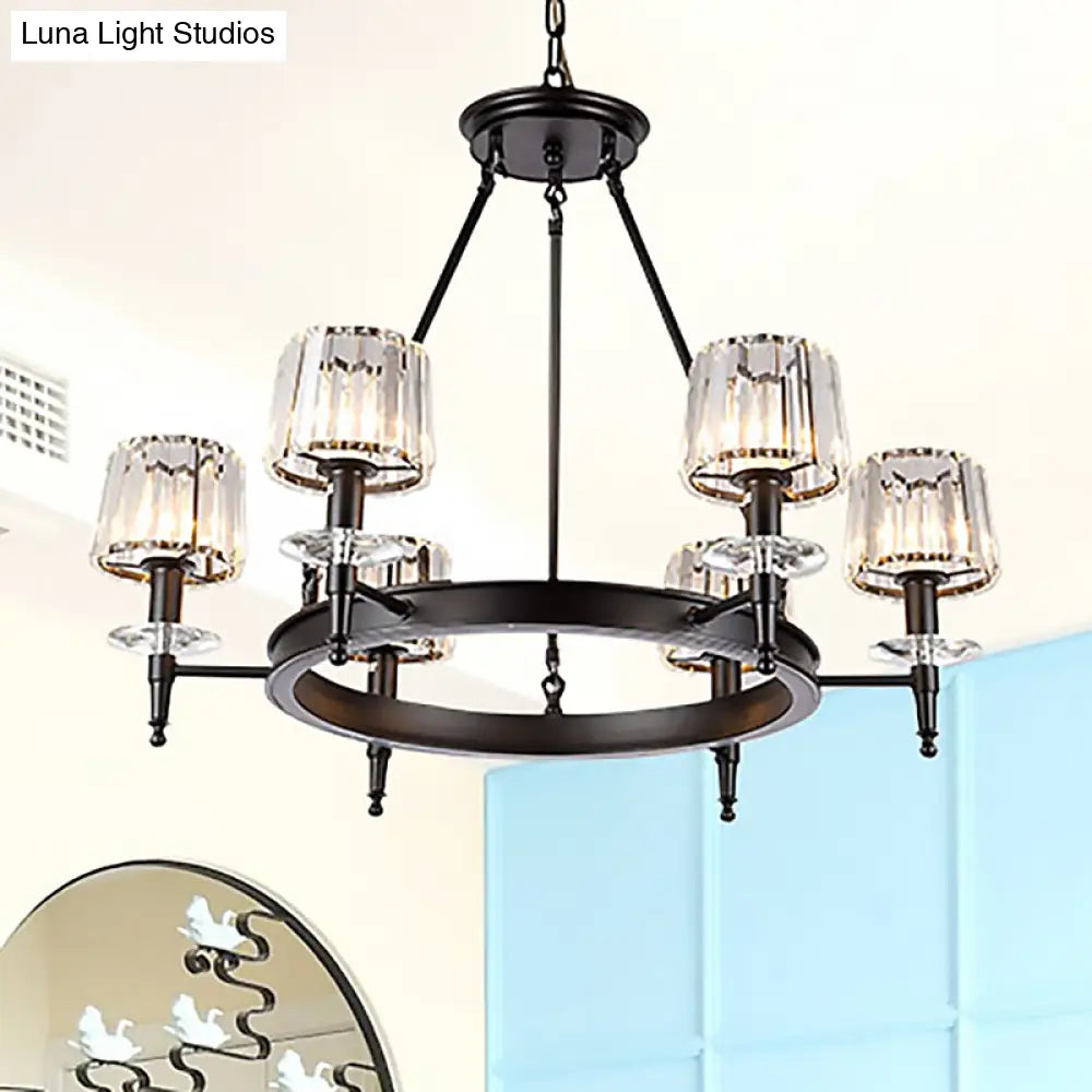 Vintage Black Barrel Hanging Light: Metal Chandelier With Prismatic Glass Shades - 3/6/8 Lights