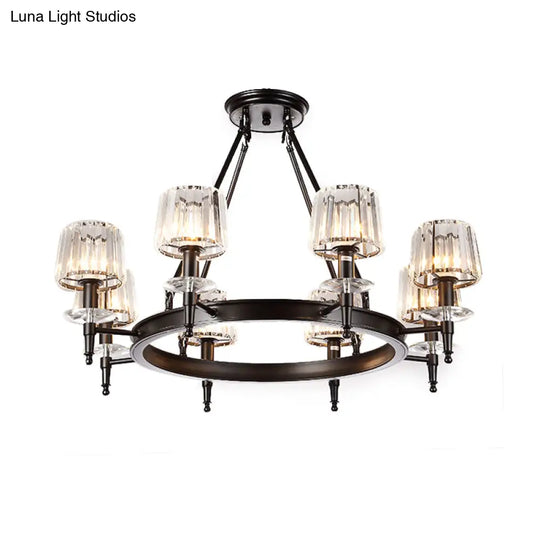 Vintage Black Barrel Hanging Light: Metal Chandelier With Prismatic Glass Shades - 3/6/8 Lights