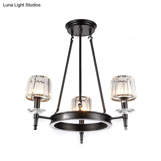 Vintage Black Barrel Hanging Light: Metal Chandelier With Prismatic Glass Shades - 3/6/8 Lights