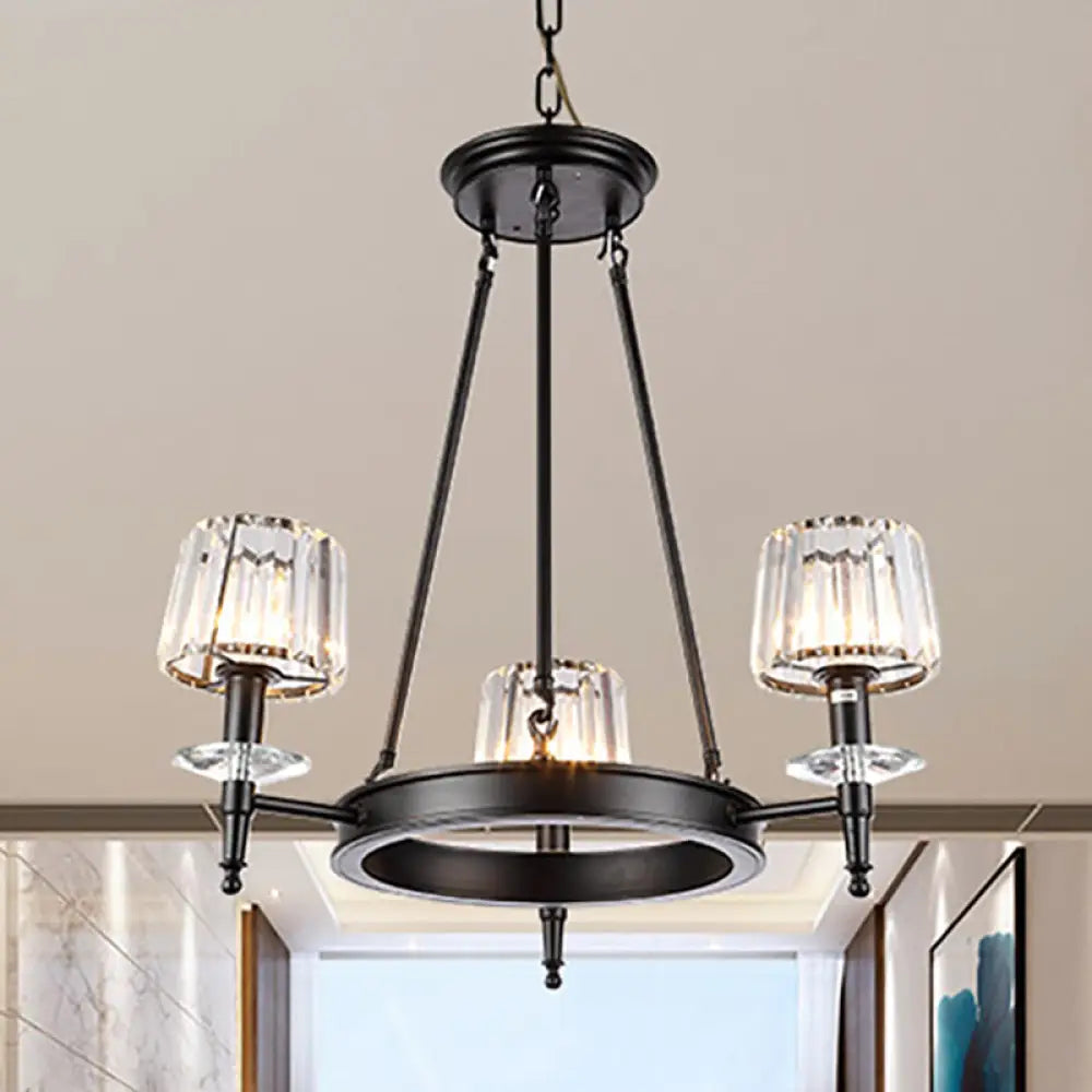 Vintage Black Barrel Hanging Light: Metal Chandelier With Prismatic Glass Shades - 3/6/8 Lights 3 /