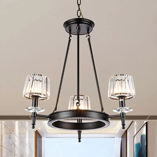 Vintage Black Barrel Hanging Light: Metal Chandelier With Prismatic Glass Shades - 3/6/8 Lights 3 /