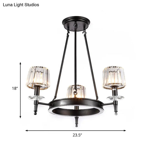 Vintage Black Barrel Hanging Light: Metal Chandelier With Prismatic Glass Shades - 3/6/8 Lights