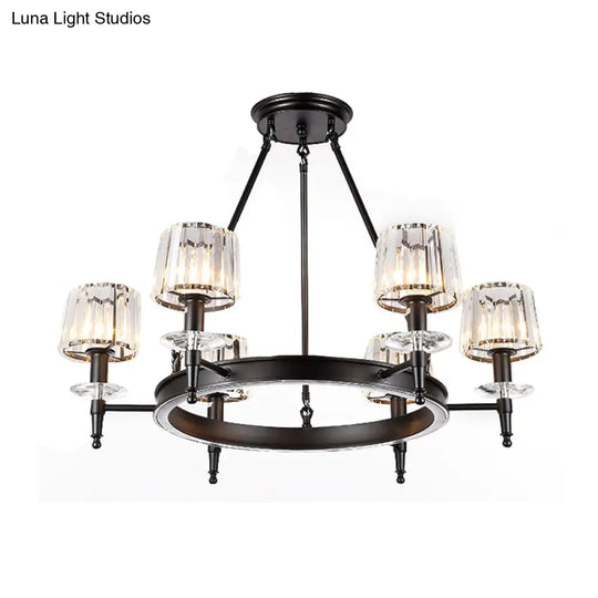 Vintage Black Barrel Hanging Light: Metal Chandelier With Prismatic Glass Shades - 3/6/8 Lights