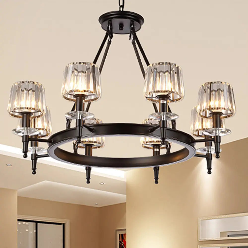 Vintage Black Barrel Hanging Light: Metal Chandelier With Prismatic Glass Shades - 3/6/8 Lights 8 /