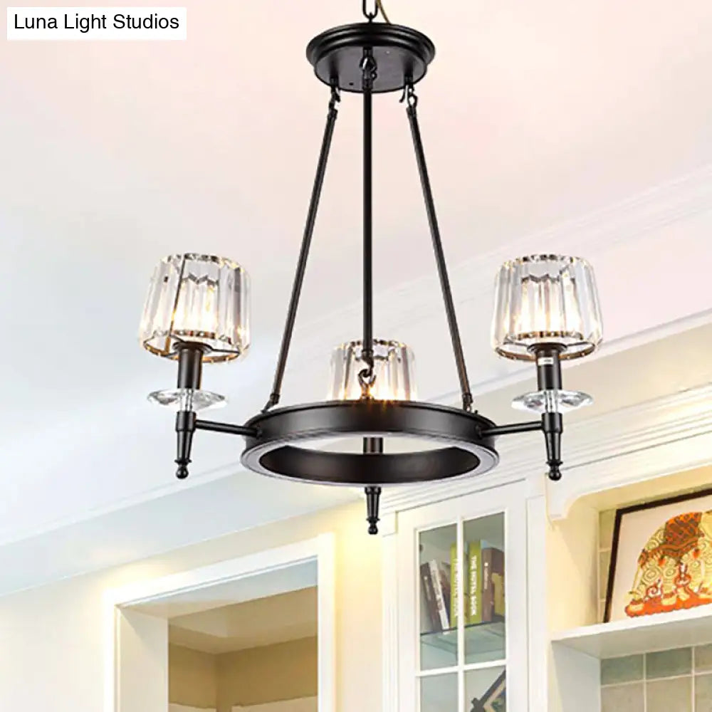 Vintage Black Barrel Hanging Light: Metal Chandelier With Prismatic Glass Shades - 3/6/8 Lights