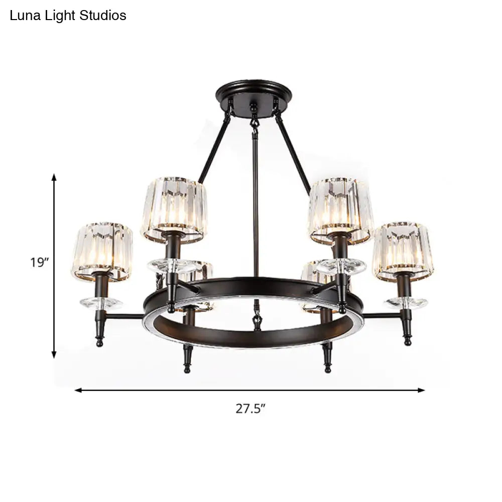 Vintage Black Barrel Hanging Light: Metal Chandelier With Prismatic Glass Shades - 3/6/8 Lights