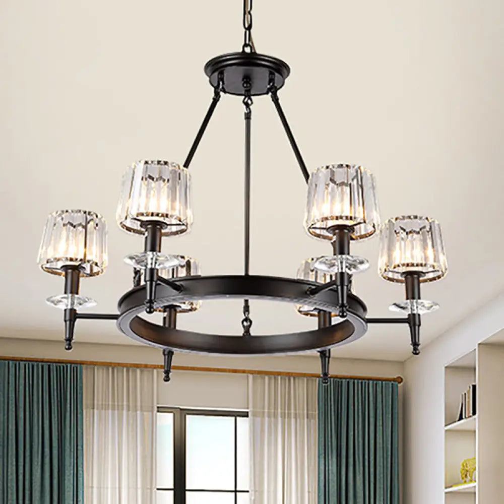 Vintage Black Barrel Hanging Light: Metal Chandelier With Prismatic Glass Shades - 3/6/8 Lights 6 /