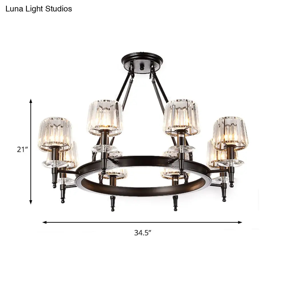 Vintage Black Barrel Hanging Light: Metal Chandelier With Prismatic Glass Shades - 3/6/8 Lights