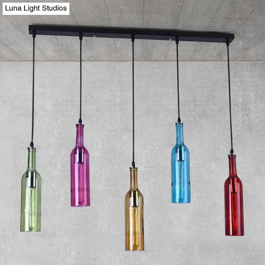 Vintage Black Bottle Cluster Pendant Lamp With Colorful Glass Shades - Perfect For Restaurants!