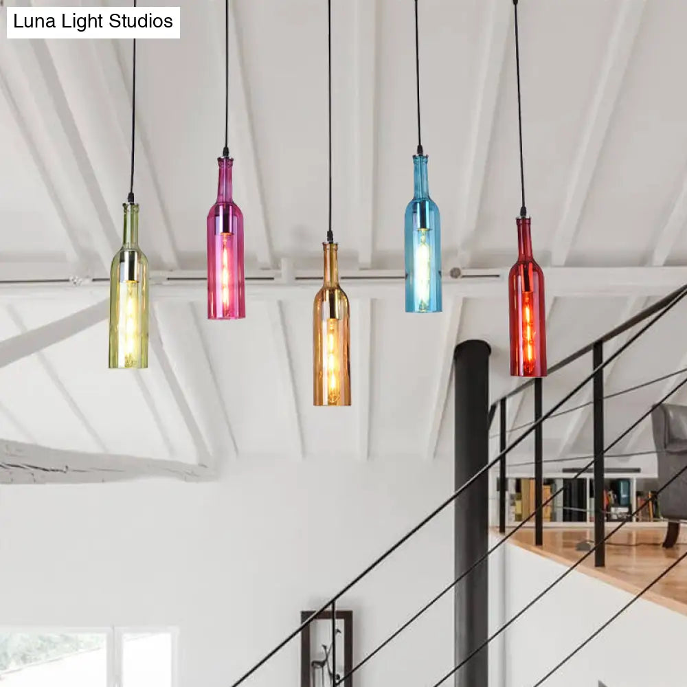 Black Vintage Bottle Pendant Lamp With Colorful Glass: 5 Hanging Lights For Restaurant Cluster