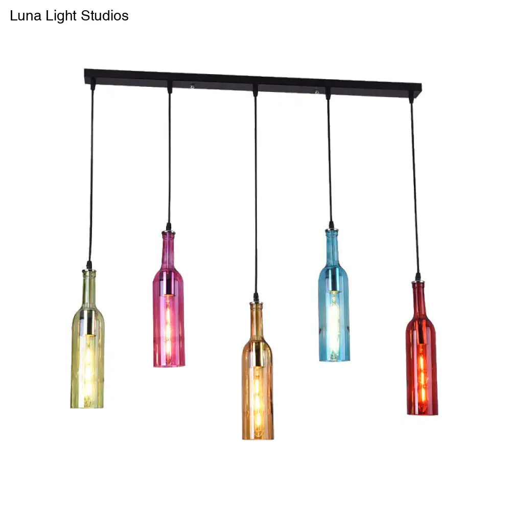 Black Vintage Bottle Pendant Lamp With Colorful Glass: 5 Hanging Lights For Restaurant Cluster