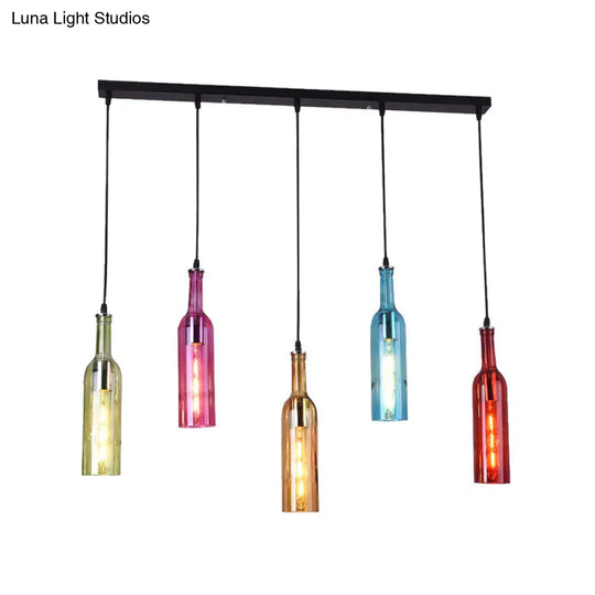 Black Vintage Bottle Pendant Lamp With Colorful Glass: 5 Hanging Lights For Restaurant Cluster