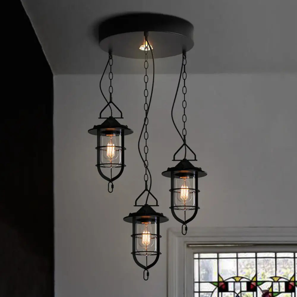Vintage Black Caged Glass Multi Pendant 3-Light Fixture For Living Room - Round Canopy Hangs With