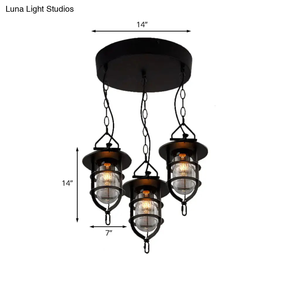 Vintage Black Caged Glass Multi Pendant 3-Light Fixture For Living Room - Round Canopy Hangs With