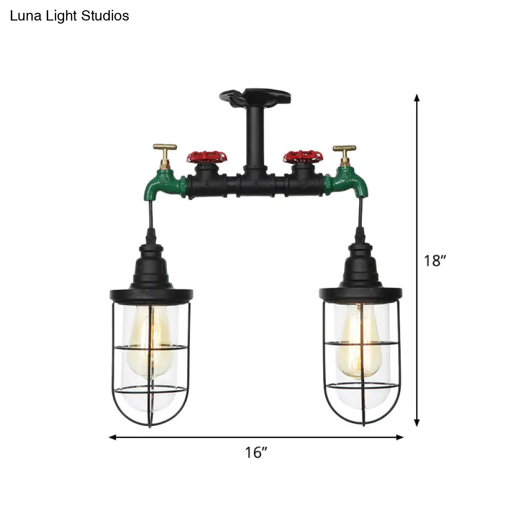 Vintage Black Caged Semi Flush Mount Ceiling Lamp With Clear Glass - 2 Heads Lighting