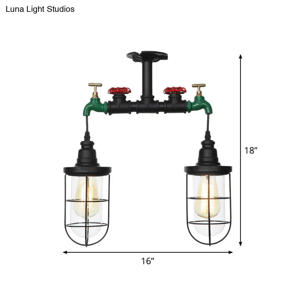 Vintage Black Caged Semi Flush Mount Ceiling Lamp With Clear Glass - 2 Heads Lighting