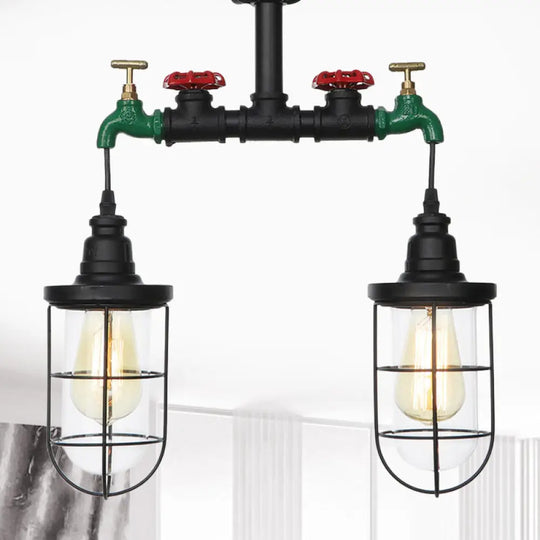 Vintage Black Caged Semi Flush Mount Ceiling Lamp With Clear Glass - 2 Heads Lighting / C