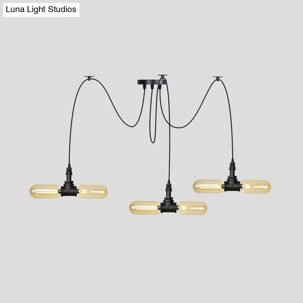 Vintage Black Capsule Led Pendant Lamp - Amber Glass 4/6/12-Bulb Restaurant Swag Multi Ceiling