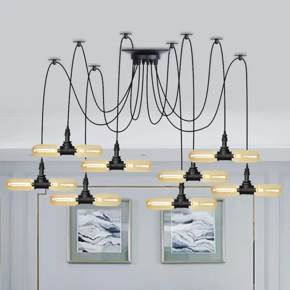 Vintage Black Capsule Led Pendant Lamp - Amber Glass 4/6/12-Bulb Restaurant Swag Multi Ceiling