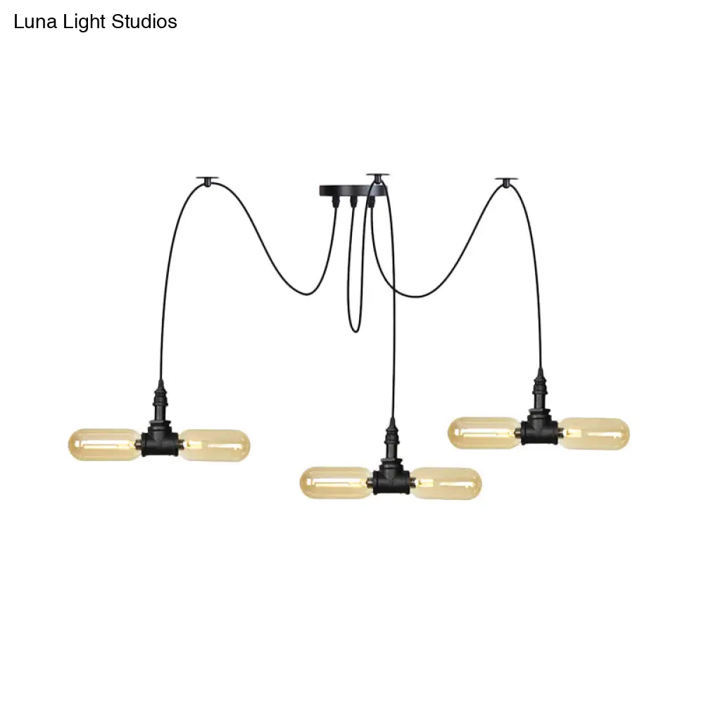 Vintage Black Capsule Led Pendant Lamp - Amber Glass 4/6/12-Bulb Restaurant Swag Multi Ceiling