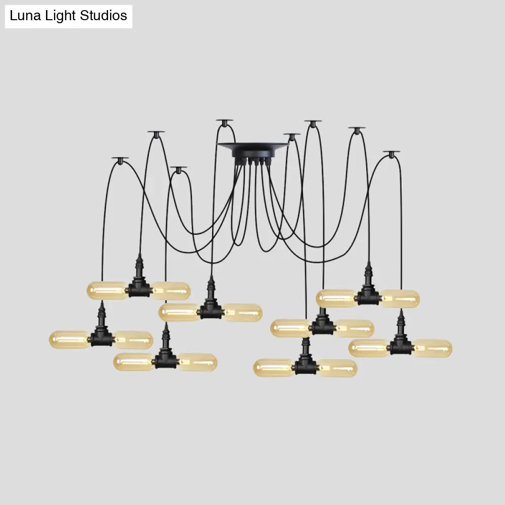 Vintage Black Capsule Led Pendant Lamp - Amber Glass 4/6/12-Bulb Restaurant Swag Multi Ceiling