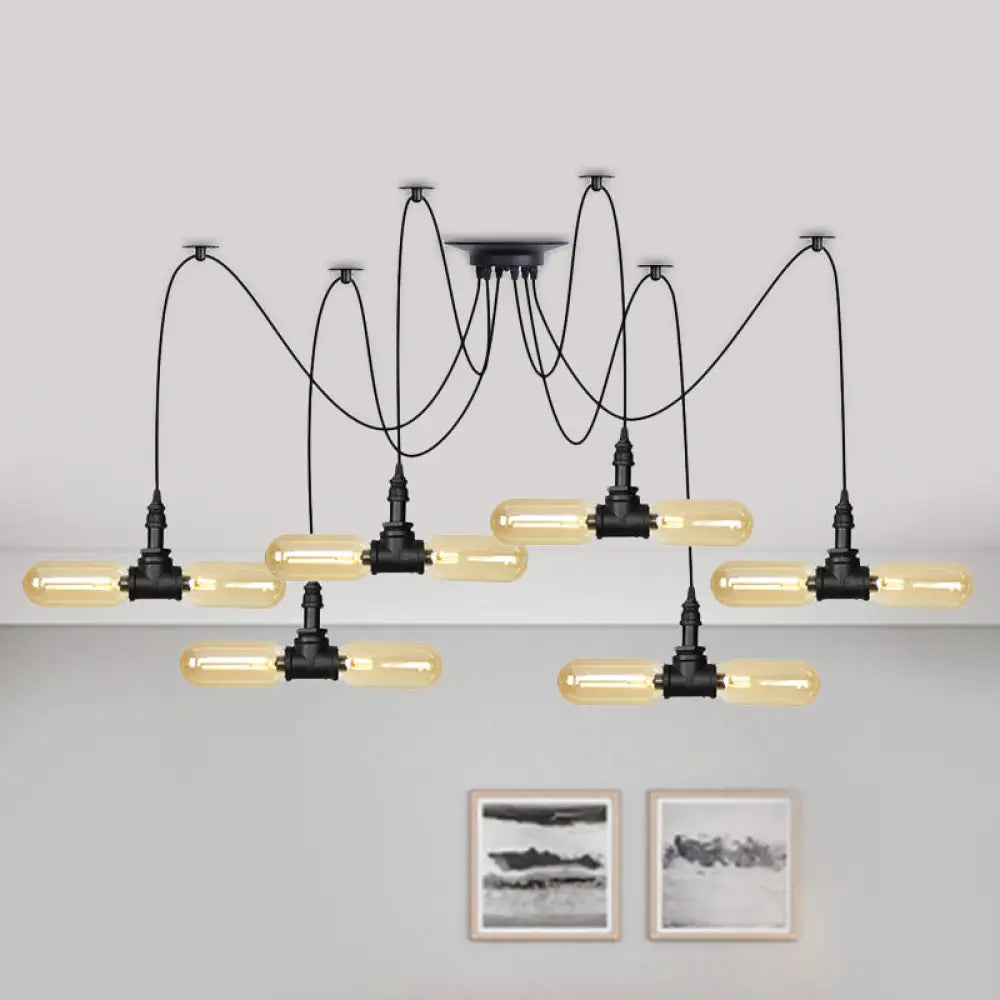 Vintage Black Capsule Led Pendant Lamp - Amber Glass 4/6/12-Bulb Restaurant Swag Multi Ceiling