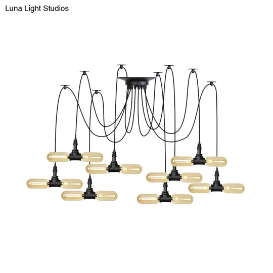 Vintage Black Capsule Led Pendant Lamp - Amber Glass 4/6/12-Bulb Restaurant Swag Multi Ceiling