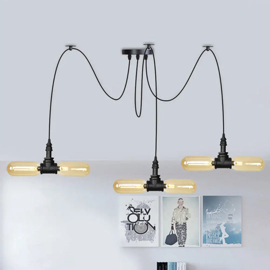 Vintage Black Capsule Led Pendant Lamp - Amber Glass 4/6/12-Bulb Restaurant Swag Multi Ceiling