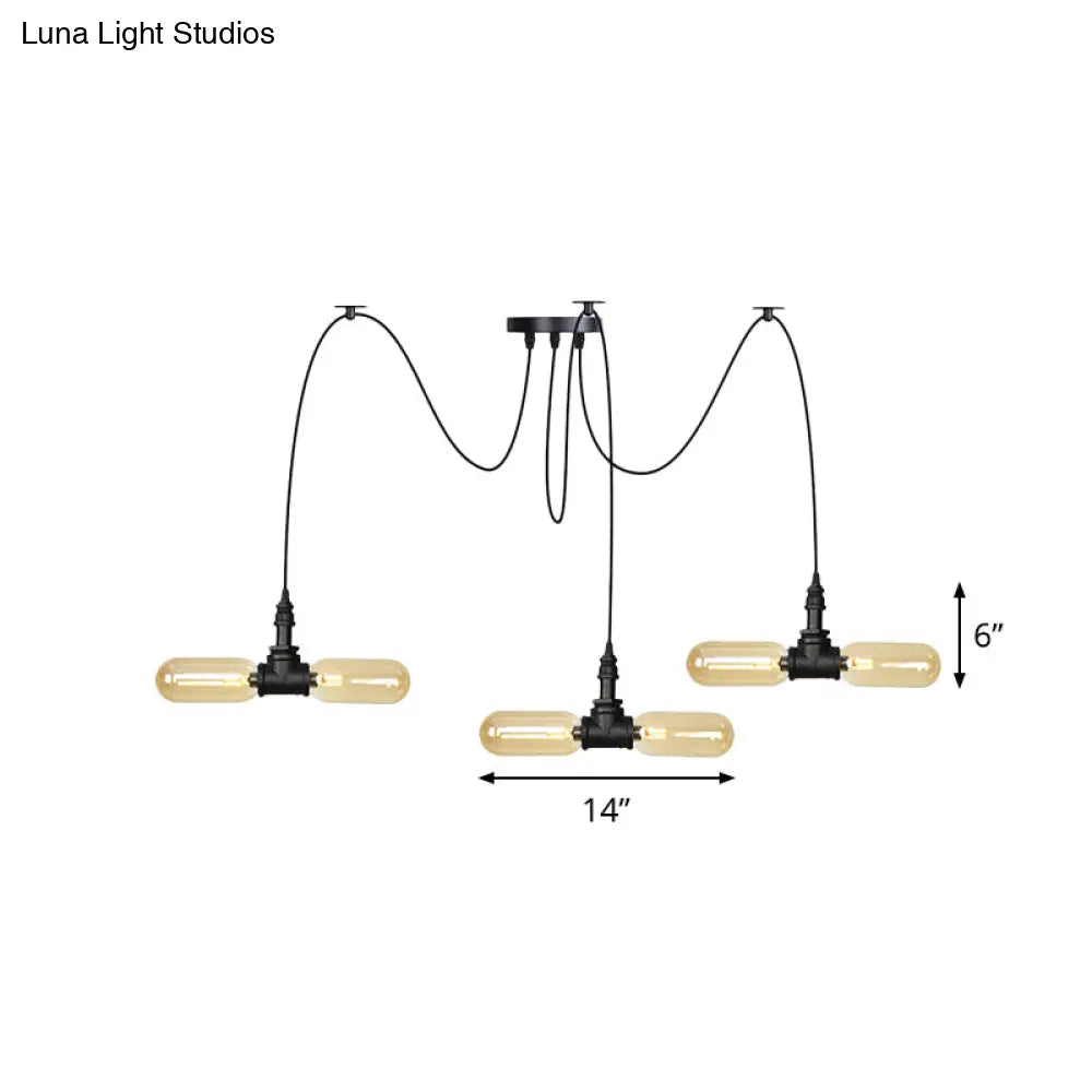 Vintage Black Capsule Led Pendant Lamp - Amber Glass 4/6/12-Bulb Restaurant Swag Multi Ceiling