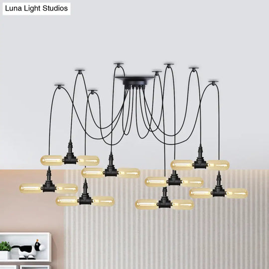 Vintage Black Capsule Led Pendant Lamp - Amber Glass 4/6/12-Bulb Restaurant Swag Multi Ceiling