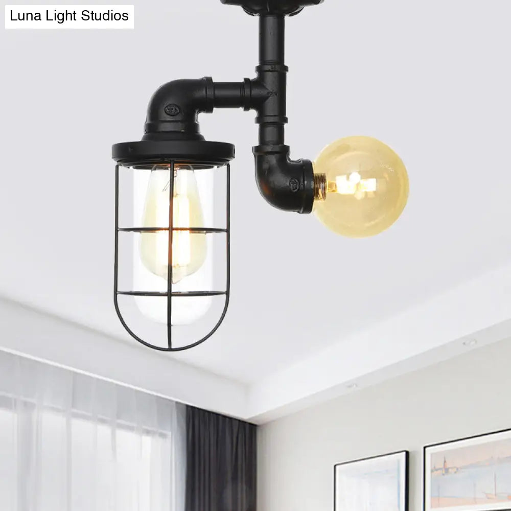 Vintage Black Ceiling Mounted Light With Clear Glass Orb And Cage For Corridors (2 Lights)