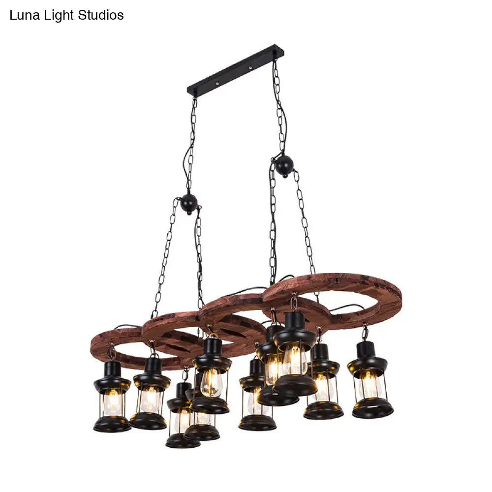 Vintage Black Chandelier Pendant Lamp With Clear Glass Lantern And Wooden Shelf - 10 Lights