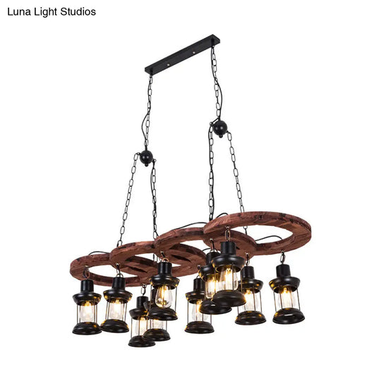 Vintage Black Lantern Chandelier Pendant Lamp - 10 Light Fixture With Clear Glass And Wooden Shelf