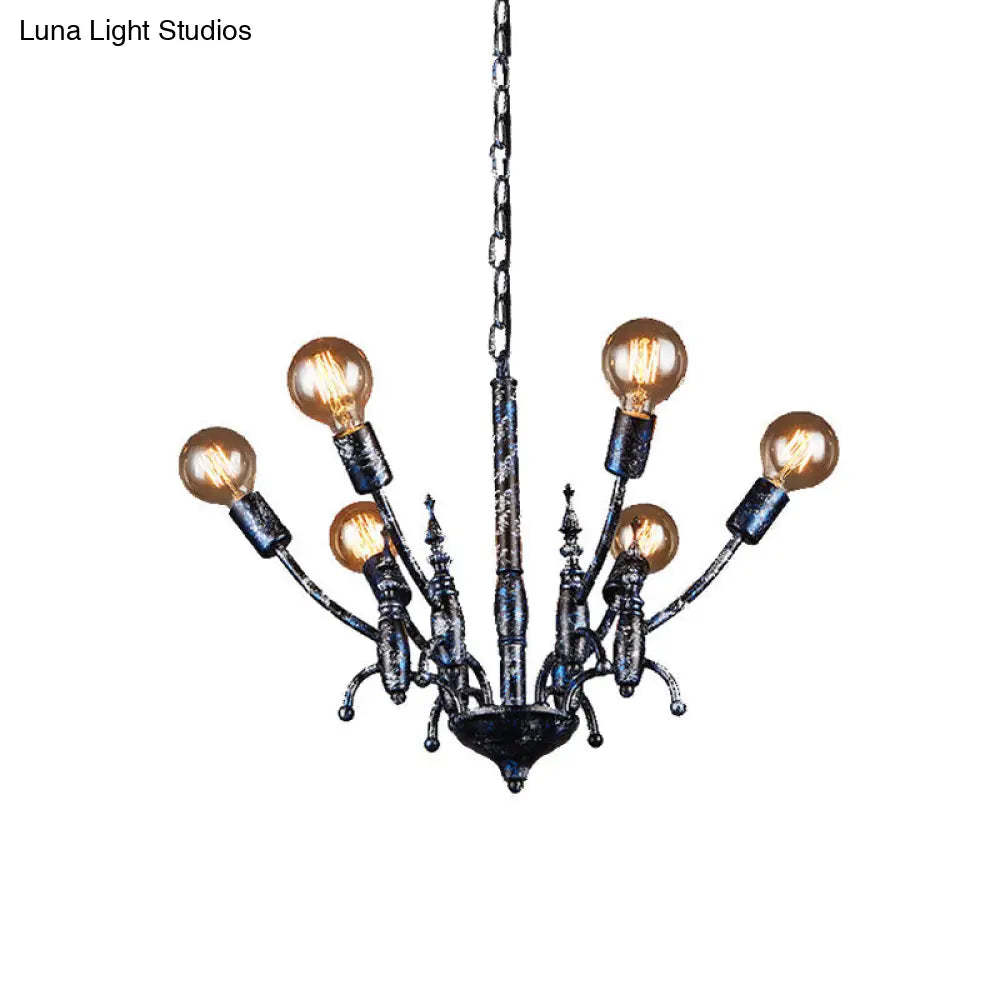 Vintage Black Metal Chandelier With Exposed Bulbs - 6 Lights Pendant Lamp And Sputnik Shade