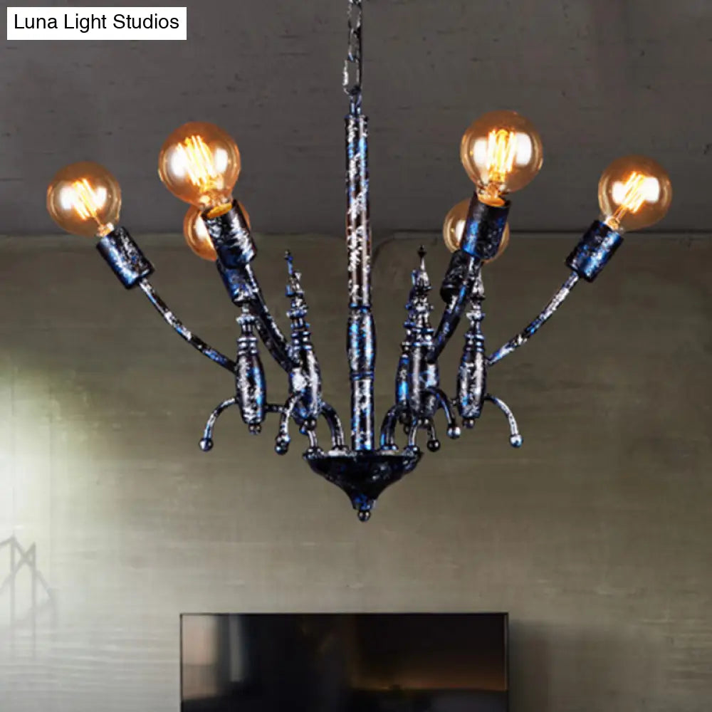 Vintage Black Metal Chandelier With Exposed Bulbs - 6 Lights Pendant Lamp And Sputnik Shade