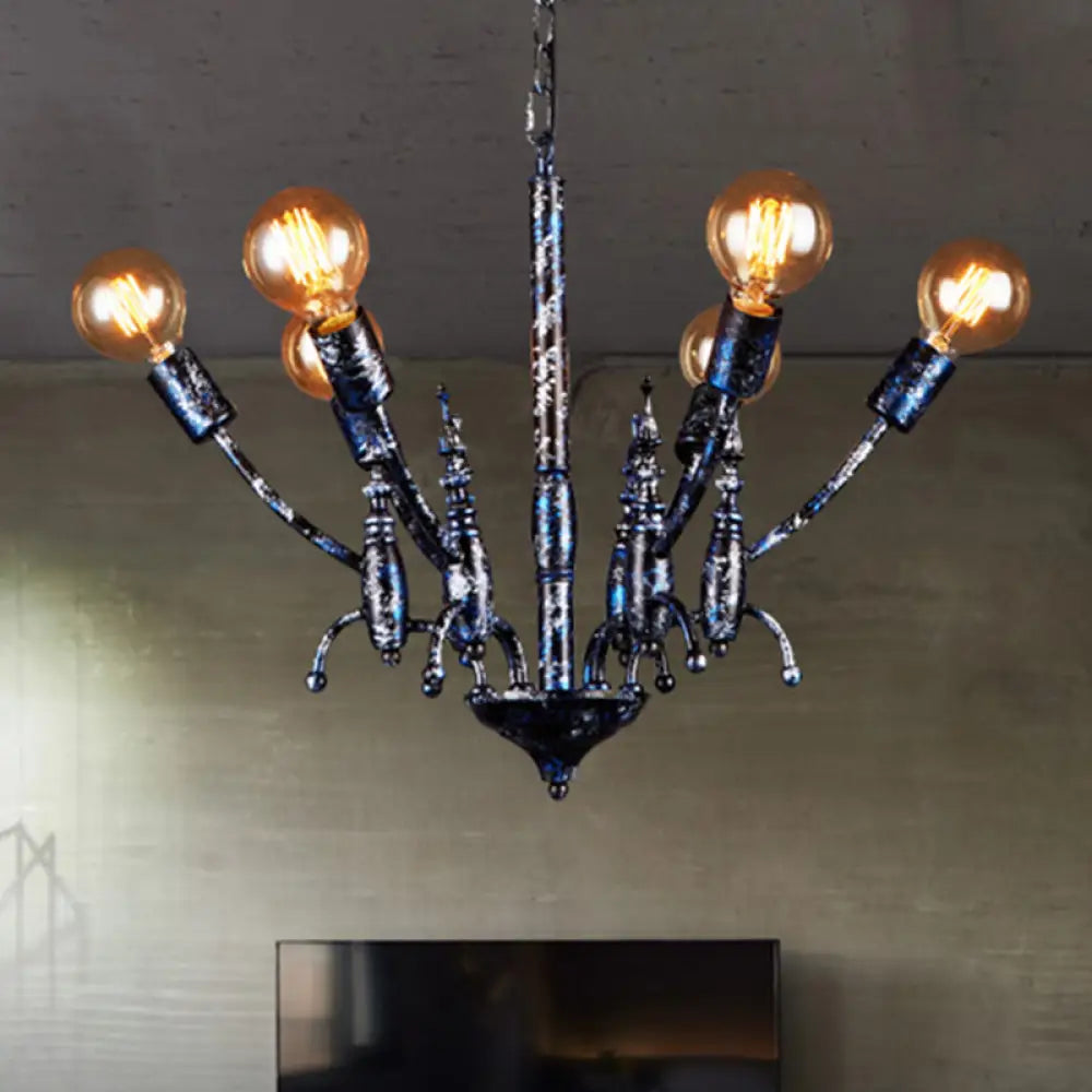 Vintage Black Chandelier With 6 Exposed Bulbs - Metal Pendant Lamp Sputnik Shade