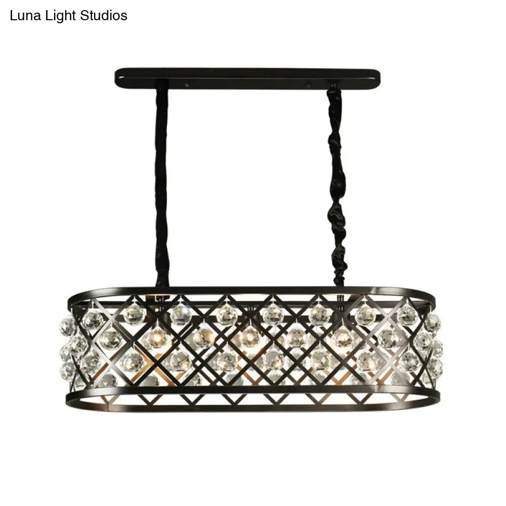 Vintage Black Chandelier With Oval Crystal And Metal Shade - 3-Light Dining Room Ceiling Lamp