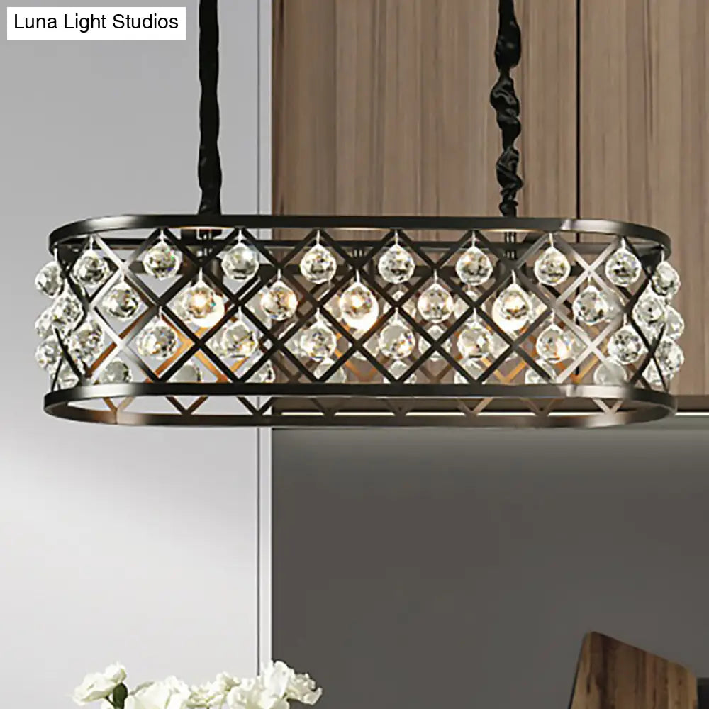 Vintage Black Chandelier With Oval Crystal And Metal Shade - 3-Light Dining Room Ceiling Lamp