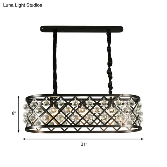 Vintage Black Chandelier With Oval Crystal And Metal Shade - 3-Light Dining Room Ceiling Lamp