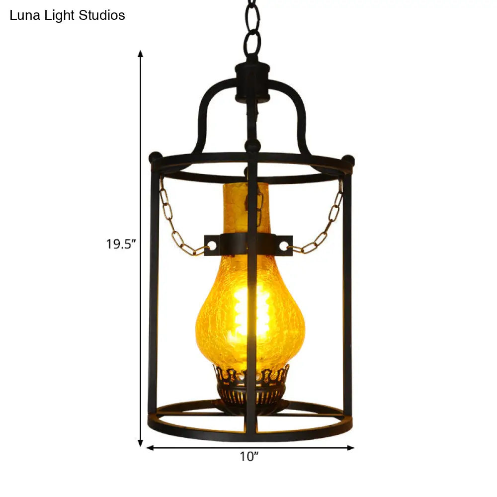Vintage Black Crackle Glass Lantern Pendant Light For Indoors - 1-Light Ceiling Lamp