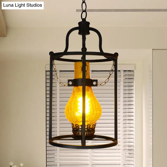 Vintage Black Crackle Glass Hanging Lantern Ceiling Pendant Light - Indoor Use Yellow